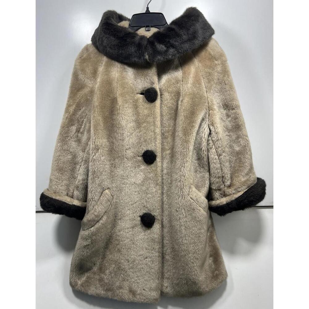 Vtg ILGWU Union Made Brown Fur Trim 3 Button Jacket Coat Women’s Sz 12 Mod